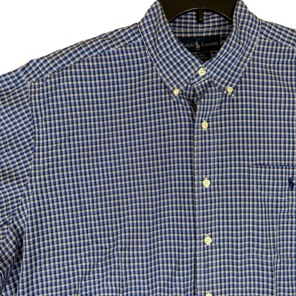 Ralph Lauren Button Down XL Plaid Short Sleeve Blue Blake Cotton Shirt 0244